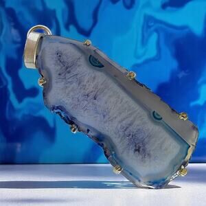 Blue Agate Slice Pendant – Sterling Silver Handmade 3" Crystal Necklace